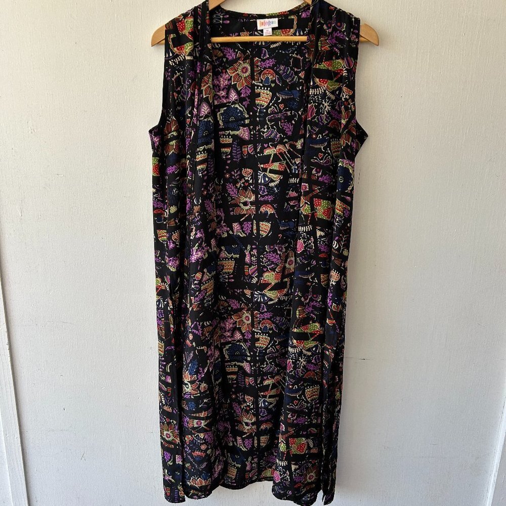 LuLaRoe Duster‎ Vest Womens Medium Black Floral Open Front Bohemian Gypsy Whimsy